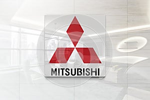Mitsubishi on glossy office wall realistic texture